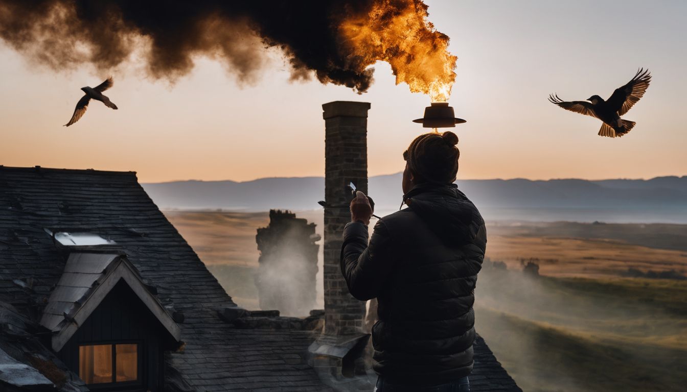 A person explores a chimney with birds flying out. A person explores a chimney with birds flying out.