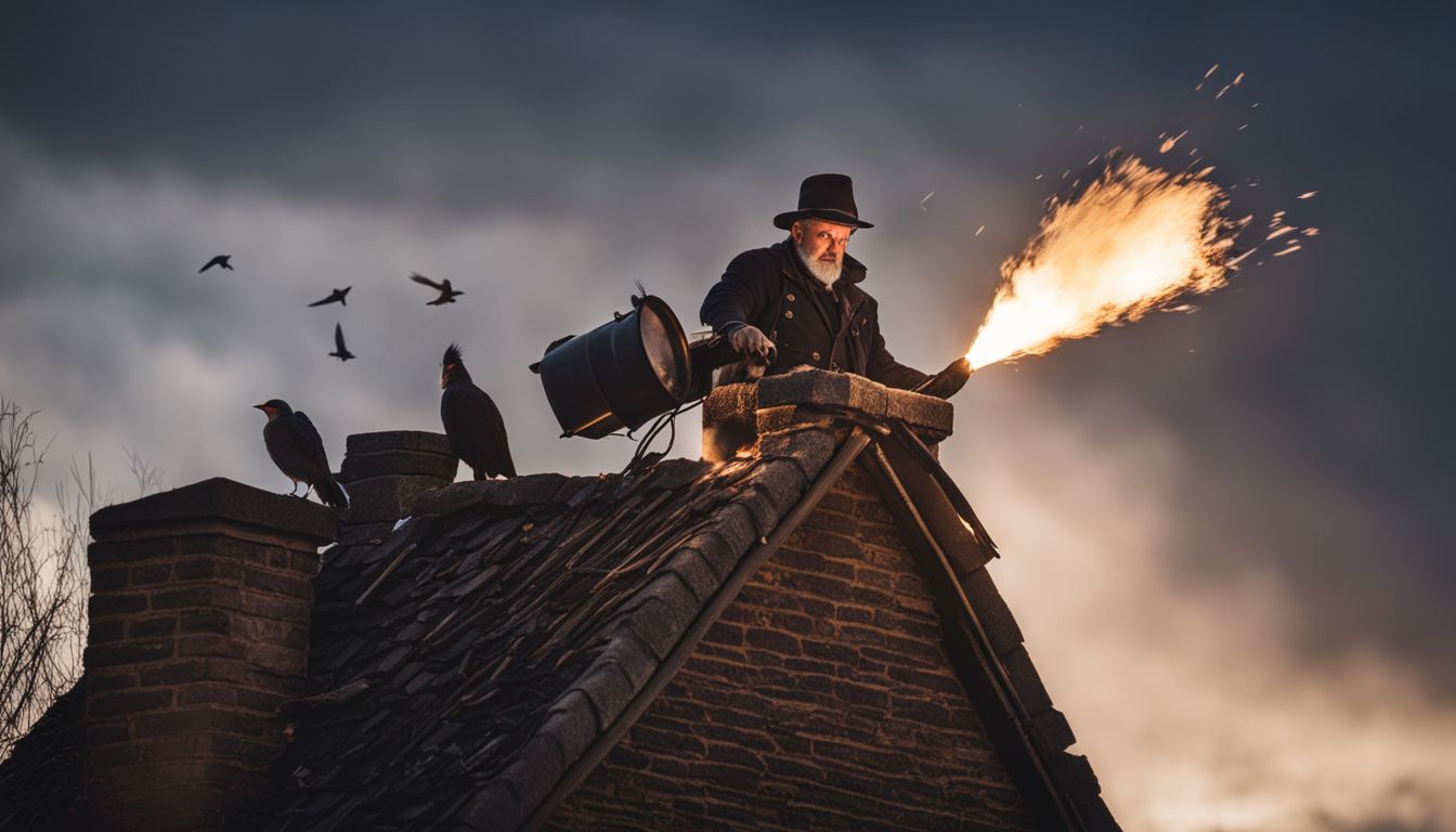 A professional chimney sweep guides birds out of a chimney. A professional chimney sweep guides birds out of a chimney.