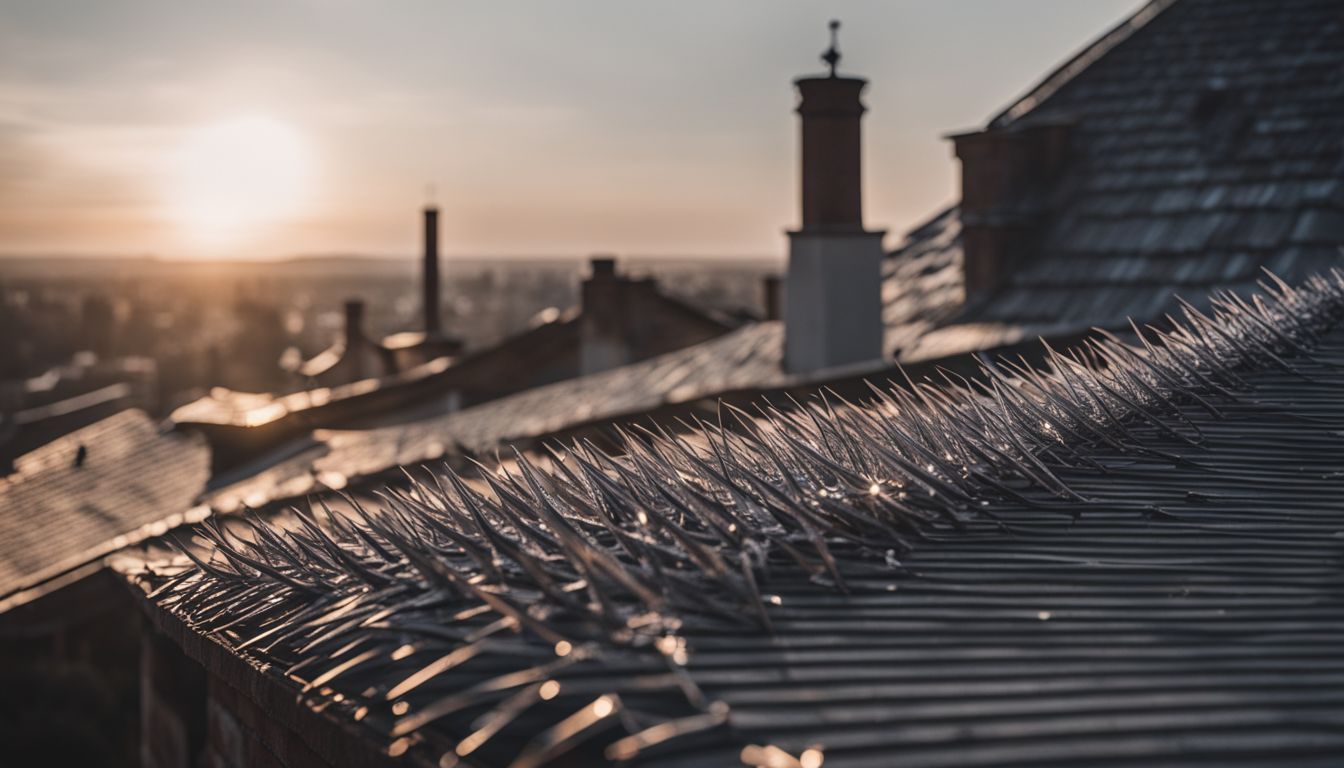 Bird spikes installed on a chimney in a bustling cityscape. Bird spikes installed on a chimney in a bustling cityscape.