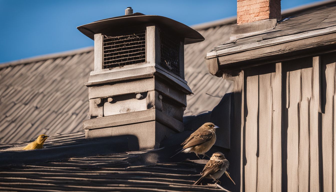A close-up photo of a chimney with a bird repellent device attached. A close-up photo of a chimney with a bird repellent device attached.