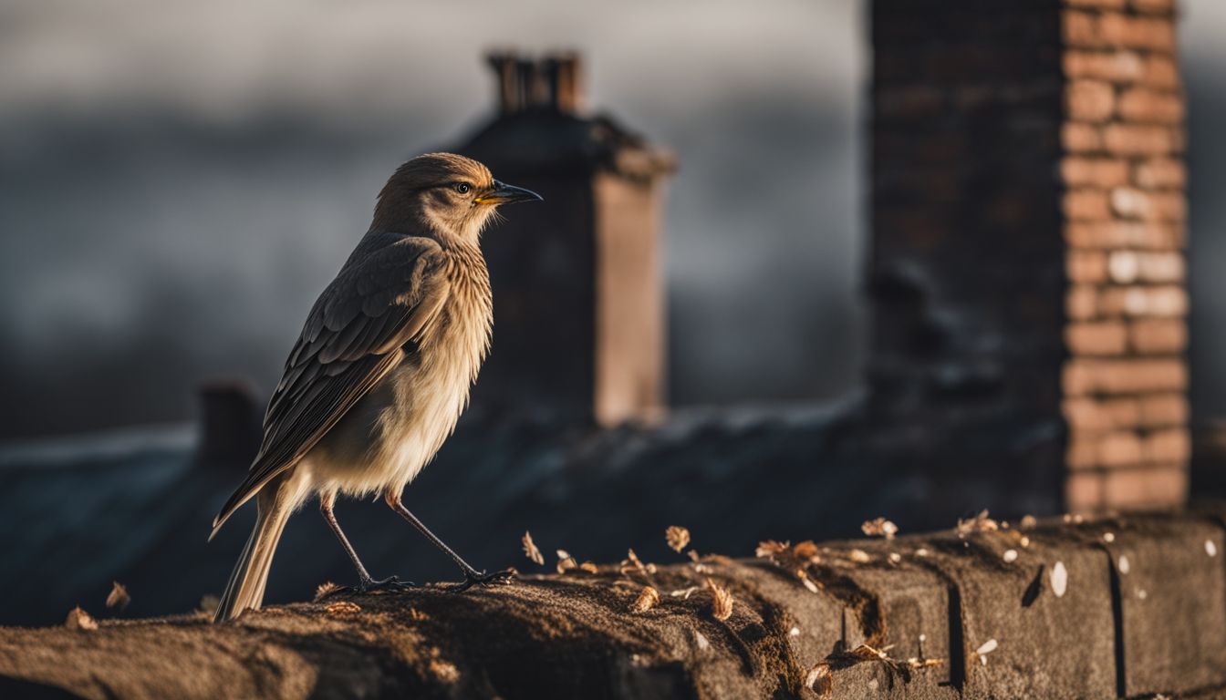 A bird perched on a chimney stack with feathers and droppings. A bird perched on a chimney stack with feathers and droppings.